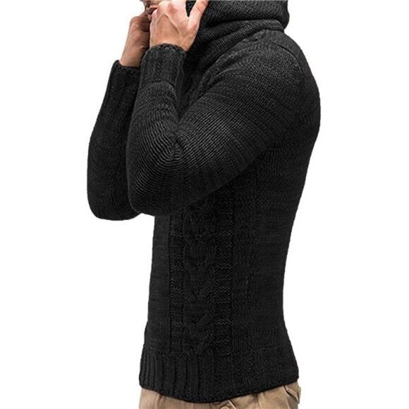 NWT Men's Black Cable Knit Cowl Neck Sweater | Button Detail Pullover - Picture 3 of 6